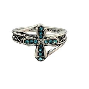 Vintage Silver Tone Cross Ring "With God All Things Are Possible" Size 10 Blue